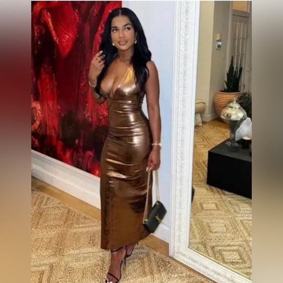 🤎❤️‍🔥Zara Metallic Bronze STUNNING Halterneck Midi Dress🤎❤️‍🔥SZ XS-NWT - Picture 3 of 16
